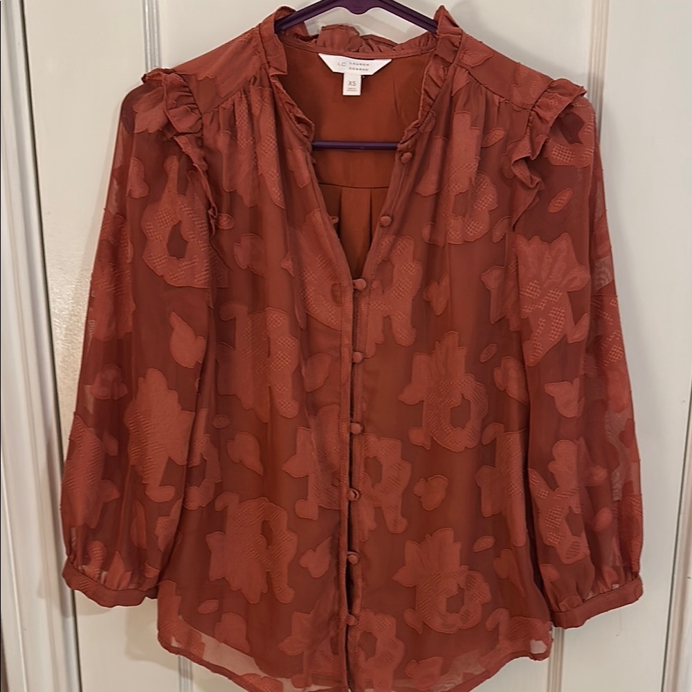 LC Lauren Conrad Rust Blouse with Puff Sleeves and Mandarin Collar